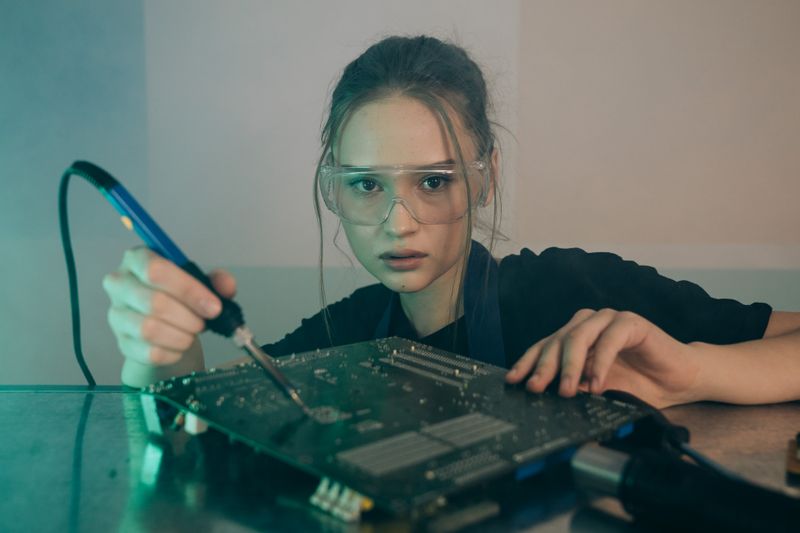 Student soldering a circuit board during an engineering summer program