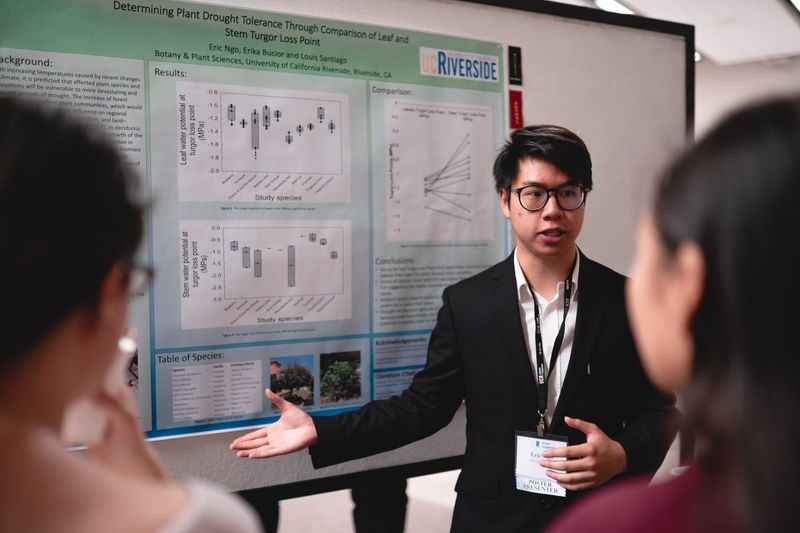 High school research programs student presenting a completed research poster