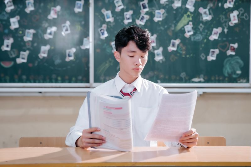 Student reviewing a college application resume in a classroom