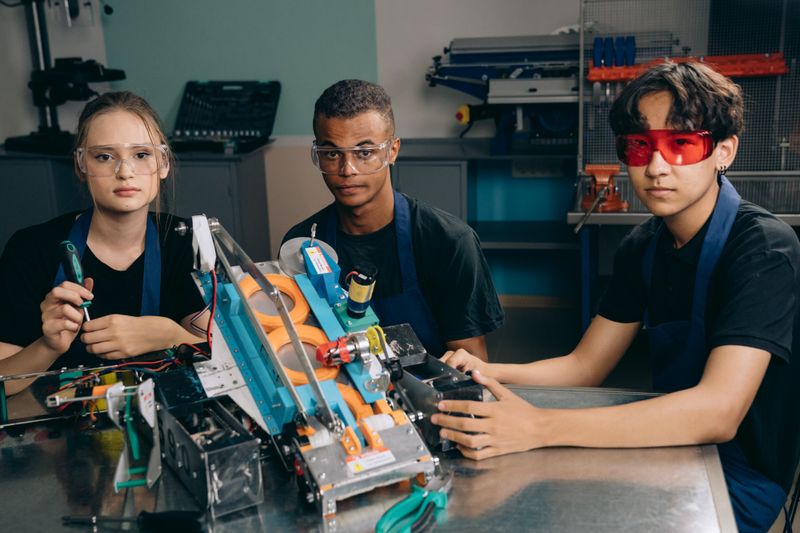 Students wearing safety glasses working on a circuit design project together